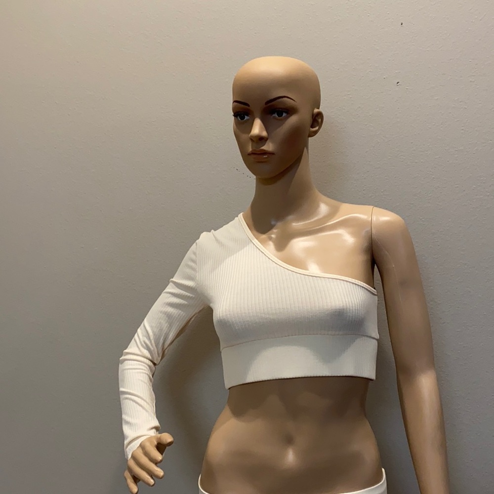 Cream long sleeve one shoulder crop top